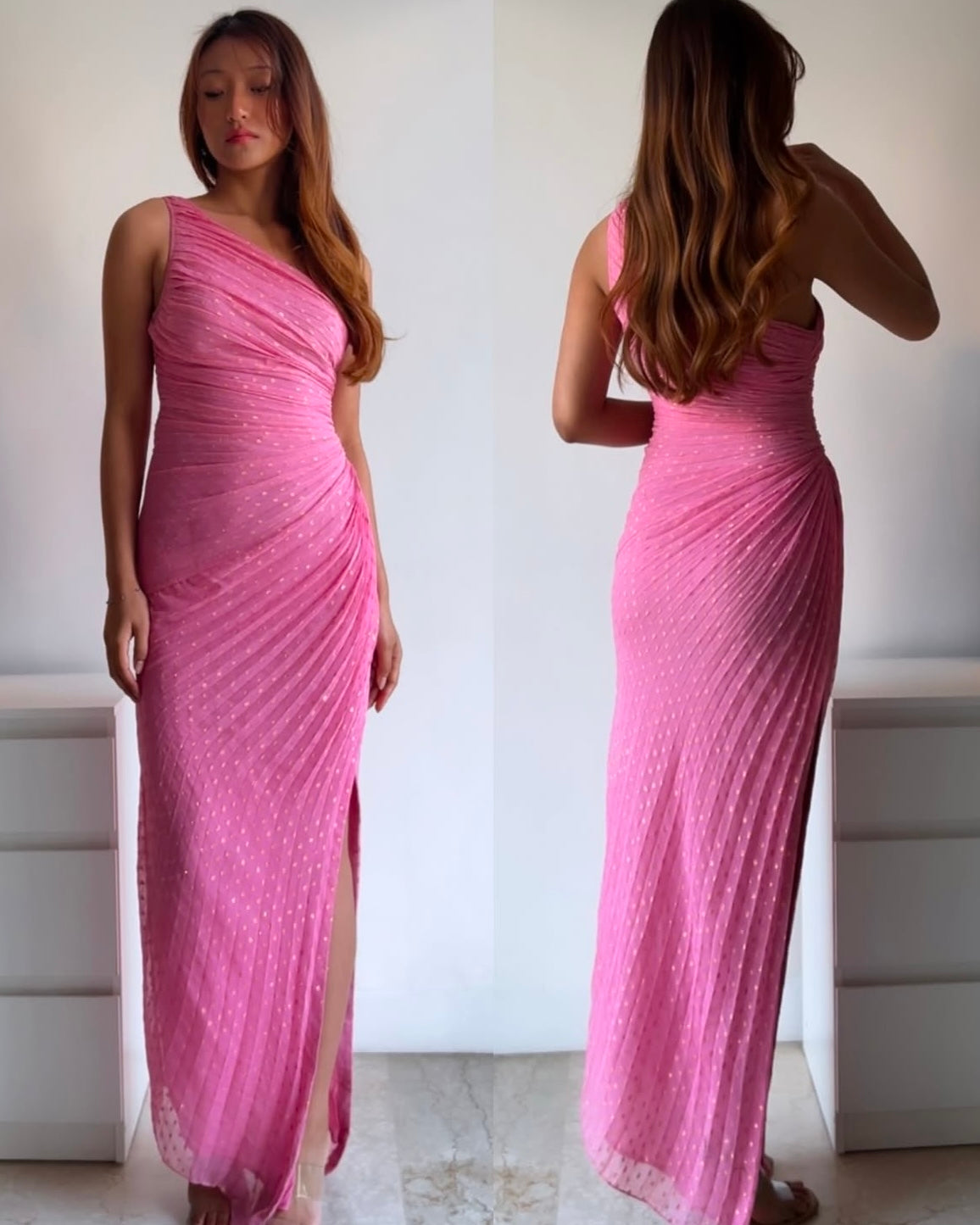 Premium Pleated Draped Dress in shimmery golden polka accents!