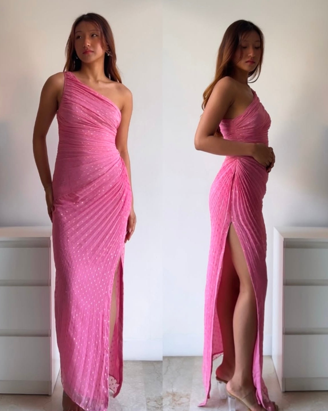 Premium Pleated Draped Dress in shimmery golden polka accents!