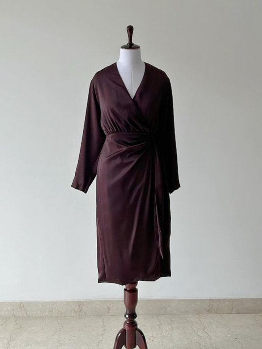Rich Chocolate Wrap Around Dress in Satin