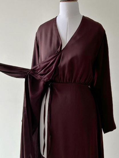 Rich Chocolate Wrap Around Dress in Satin