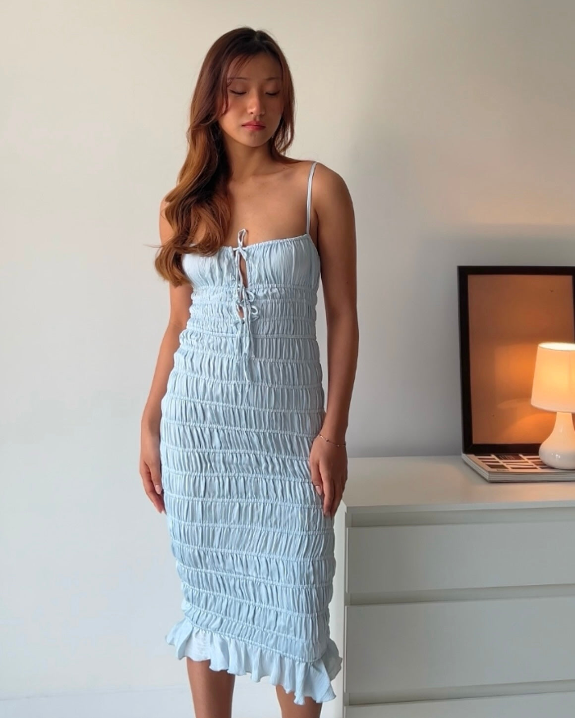 Oh Polly Bodycon Smocked Powder Blue Dress
