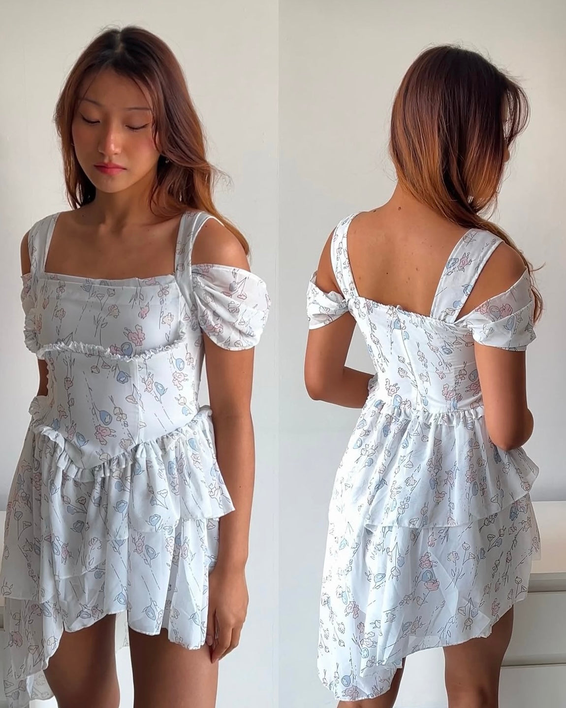 Dreamy & delicate floral dress with ruffles and an asymmetrical hem