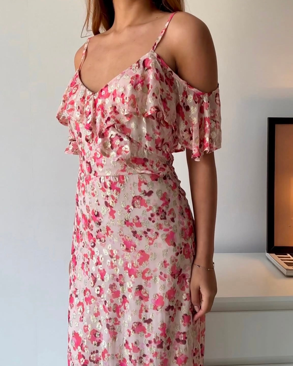 Off Shoulder Dress in Gold Accents