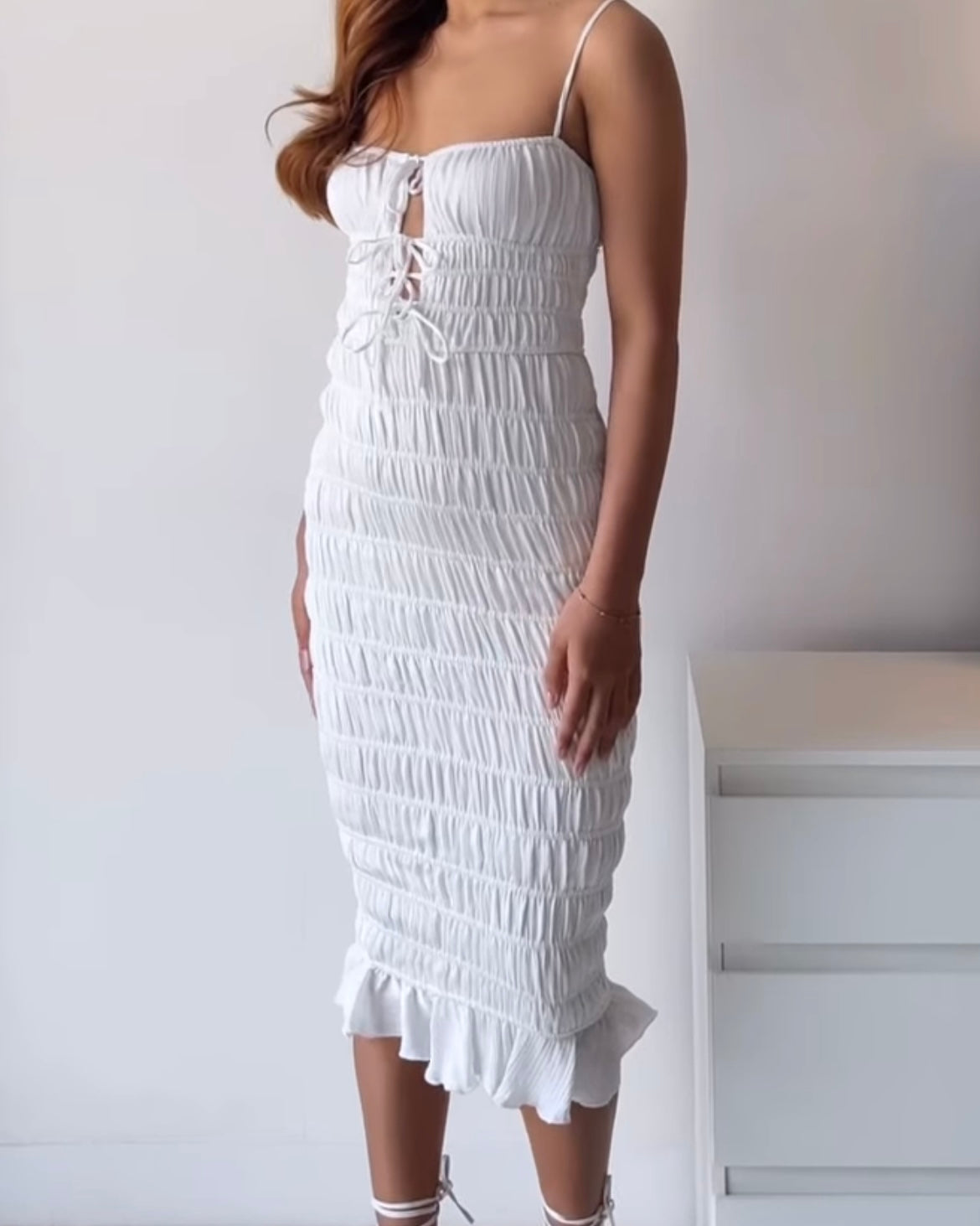 Oh Polly Bodycon Smocked White Dress