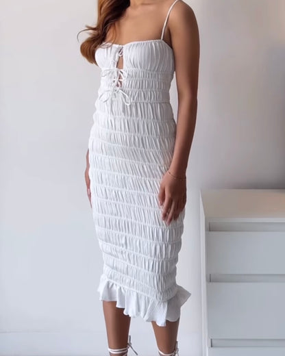 Oh Polly Bodycon Smocked White Dress