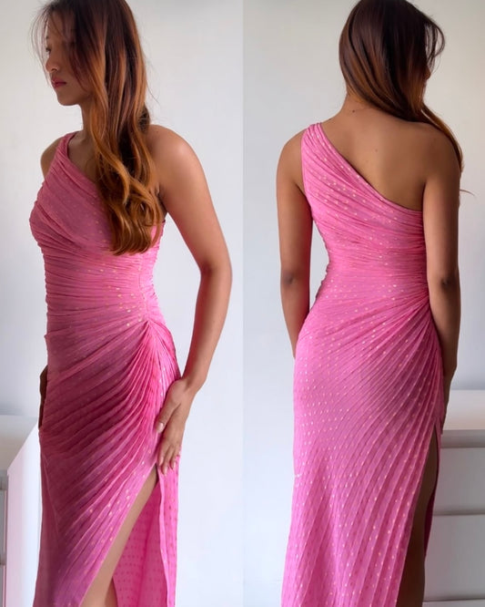 Premium Pleated Draped Dress in shimmery golden polka accents!