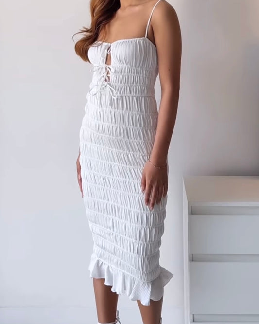 Oh Polly Bodycon Smocked White Dress