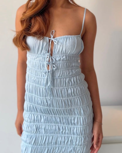 Oh Polly Bodycon Smocked Powder Blue Dress