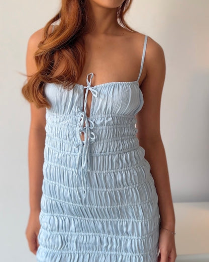 Oh Polly Bodycon Smocked Powder Blue Dress