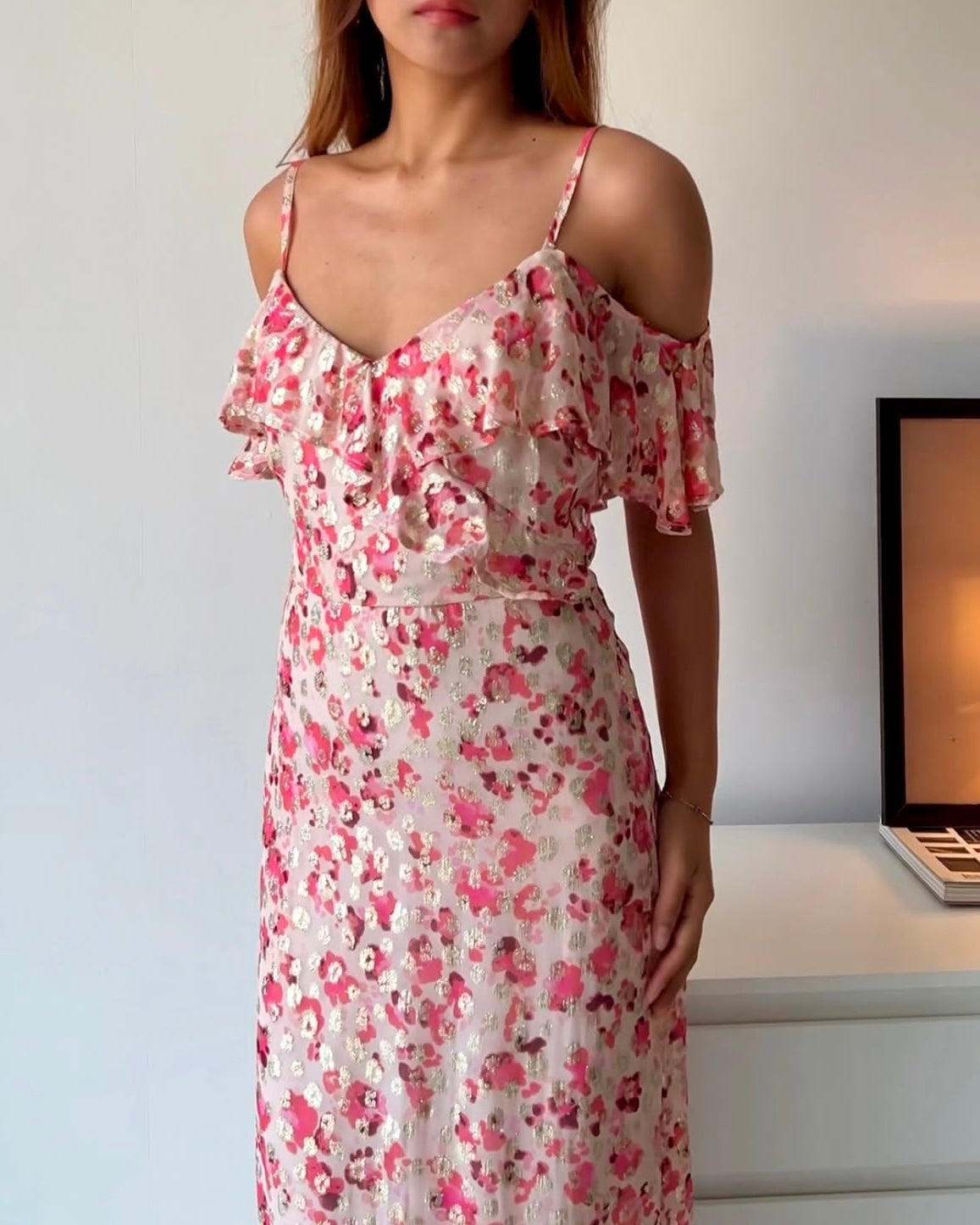 Off Shoulder Dress in Gold Accents