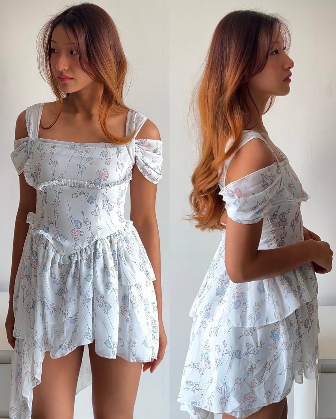 Dreamy & delicate floral dress with ruffles and an asymmetrical hem