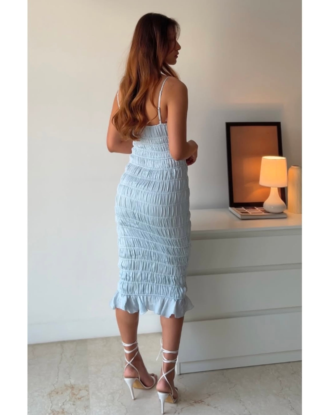 Oh Polly Bodycon Smocked Powder Blue Dress