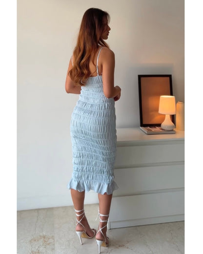 Oh Polly Bodycon Smocked Powder Blue Dress
