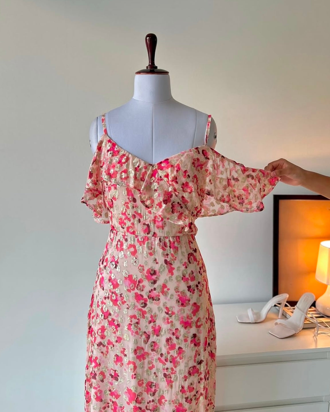 Off Shoulder Dress in Gold Accents