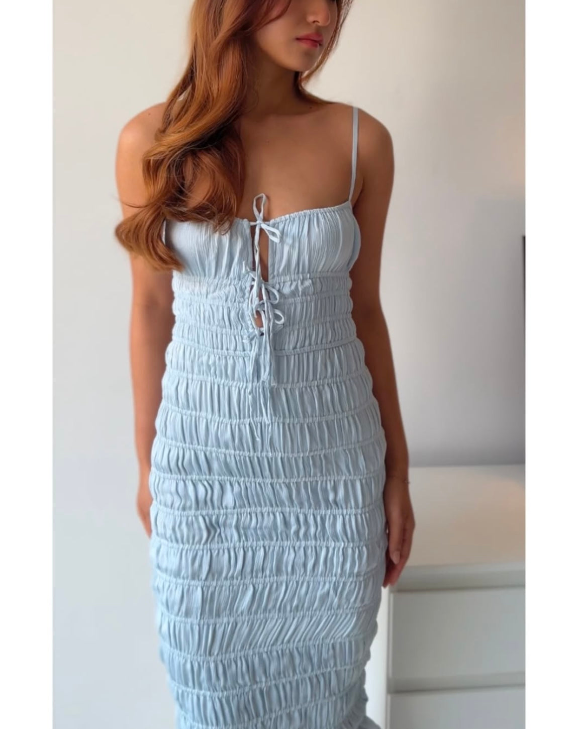 Oh Polly Bodycon Smocked Powder Blue Dress