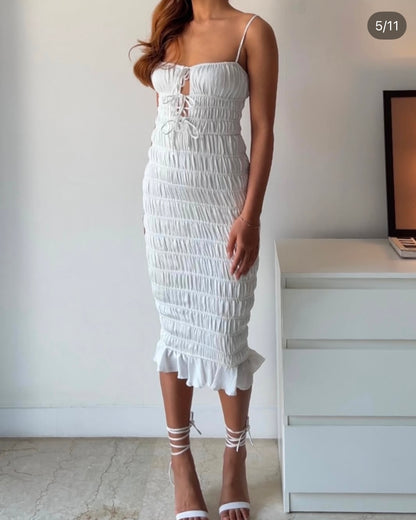 Oh Polly Bodycon Smocked White Dress