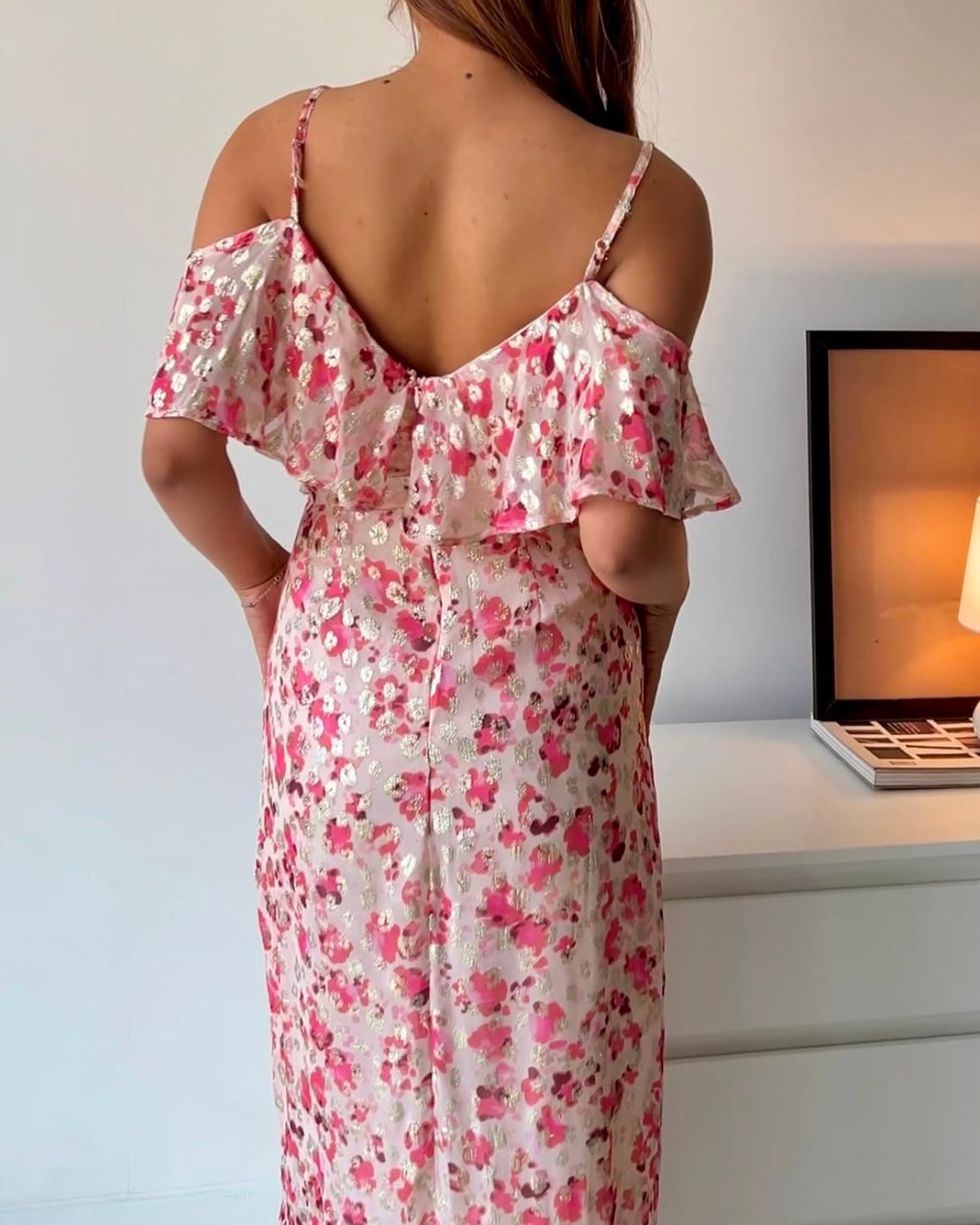Off Shoulder Dress in Gold Accents