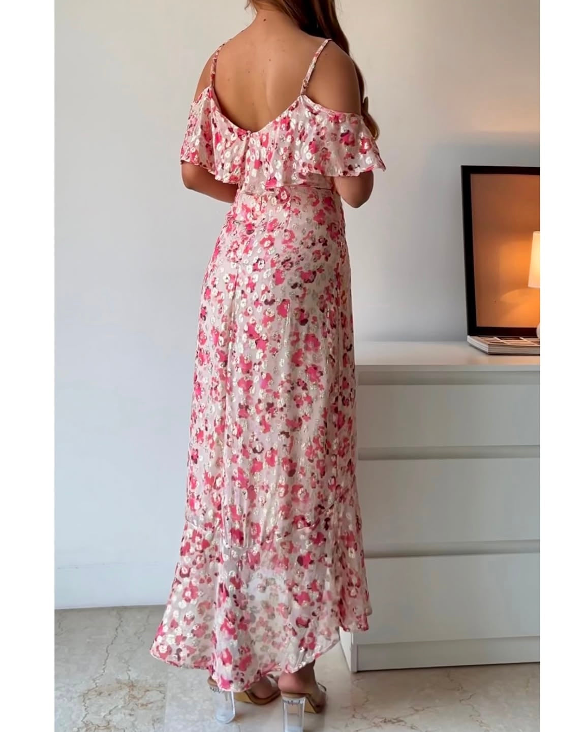Off Shoulder Dress in Gold Accents